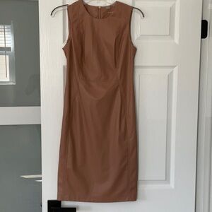 Calvin Klein Tan Faux Leather Sheath Dress with back exposed zipper honey tan